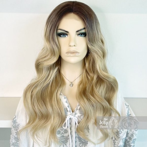 Dark Roots Creamy Blonde Natural Ombre Wavy Lace Front Wig | Virginia - Picture 8 of 13